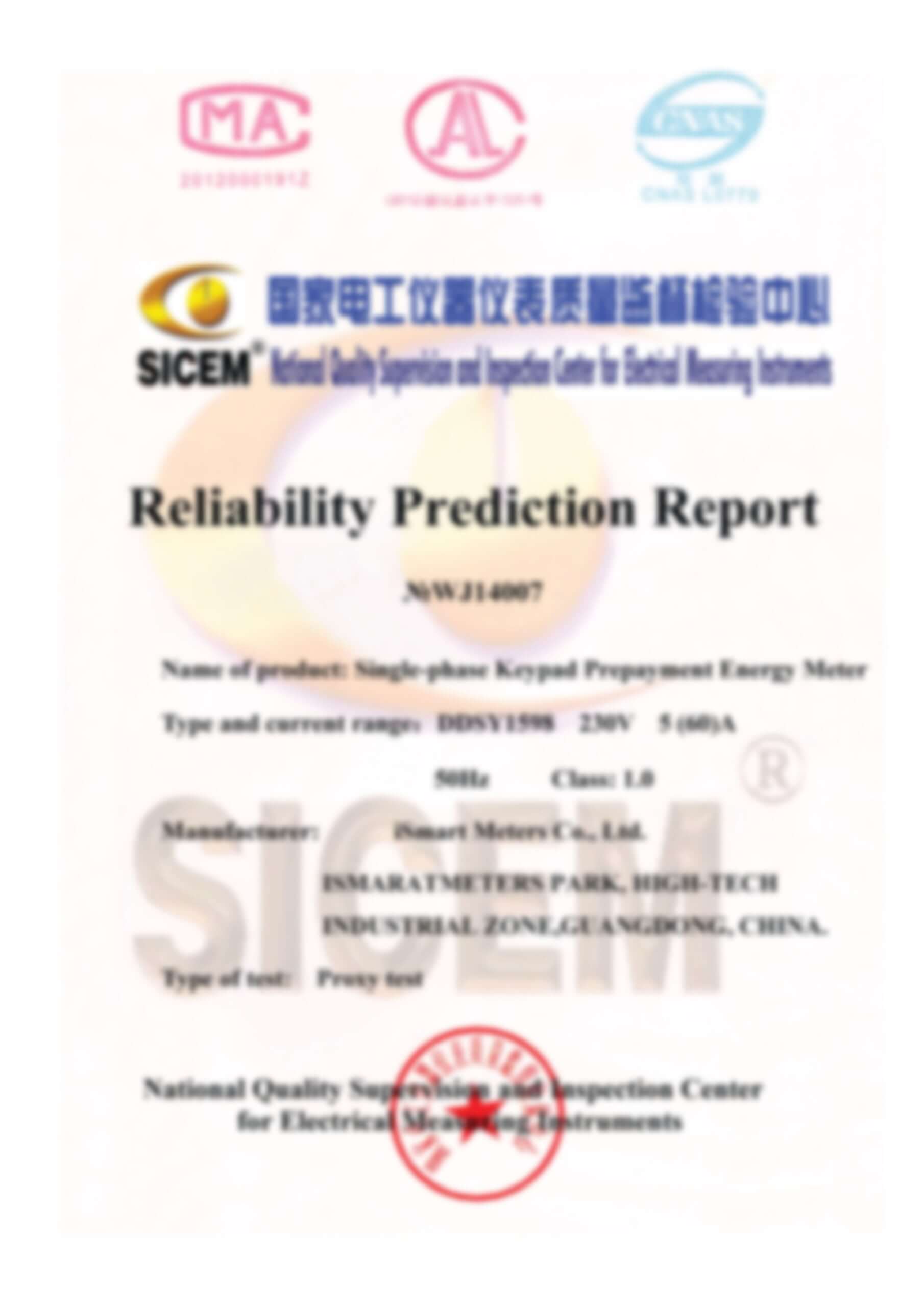 DDSY1598 SICEM life span test report