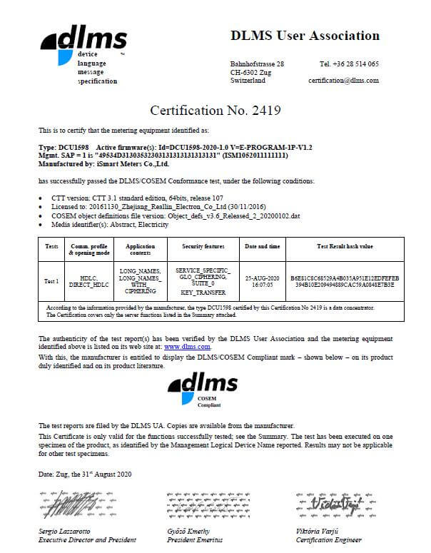 DLMS Certificate for DCU1598 Data Concentrator Unit