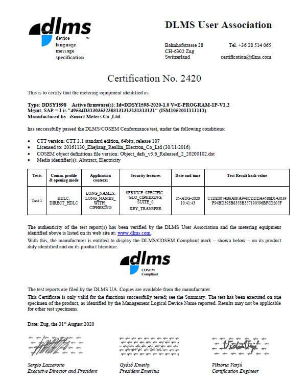 DLMS Certificate for DDSY1598 Single Phase Prepayment Meter