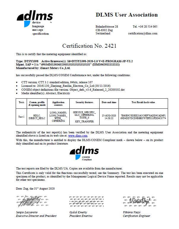 DLMS Certificate for DTSY1598 Three Phase Prepayment Meter