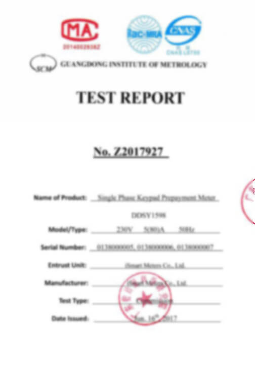 SCM Test Report for DDSY1598 Single Phase Prepayment Meter