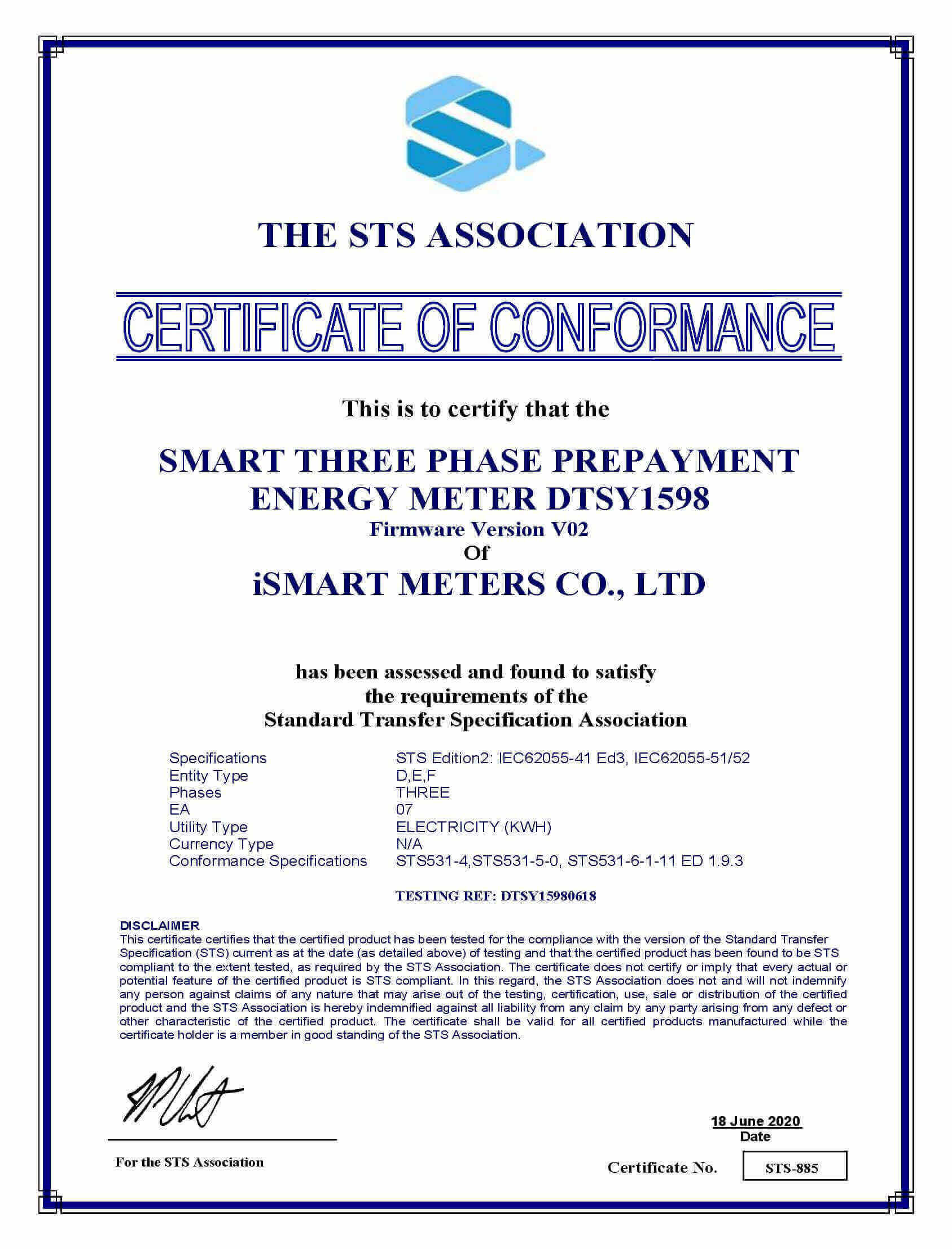 ISMART THREE PHASE METER STS CERTIFICATE FOR DTSY1598 