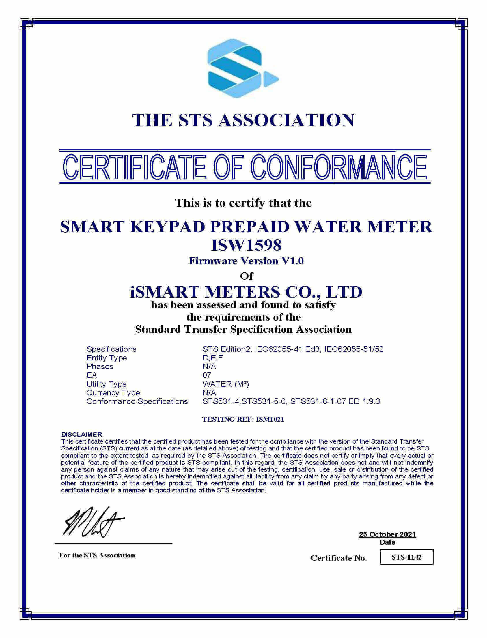STS Certificate for Smart Keypad Prepaid Meter ISW1598 