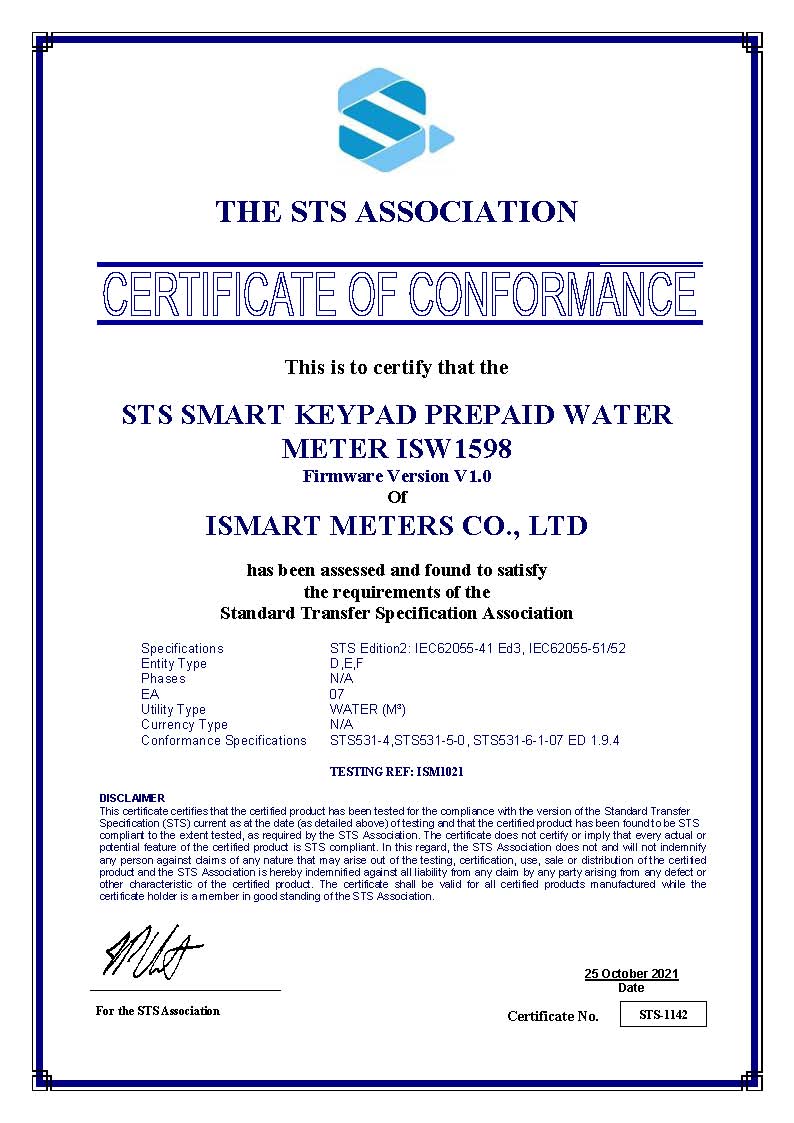 Certificat de l'édition 2,0 du compteur d'eau prépayé clavier intelligent STS ISW1598